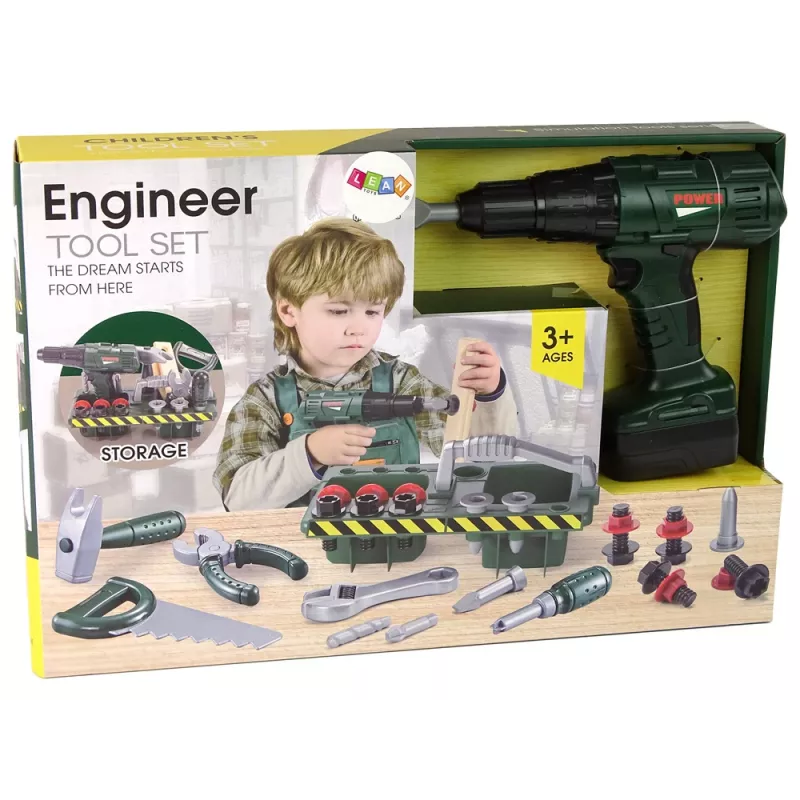 Meistrikomplekt patareiga kruvikeeraja ja korraldajaga, roheline, 13473 Lean Toys