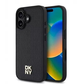 DKNY Apple iPhone 16 Plus PU-nahast korduva mustriga stack logo MagSafe ümbris must