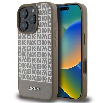 DKNY Apple iPhone 16 Pro Max PU-nahast korduva mustri ja alumise triibuga MagSafe-ümbris, pruun