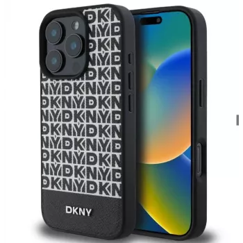DKNY Apple iPhone 16 Pro Max PU-nahast korduva mustri ja alumise triibuga MagSafe-ümbris, must
