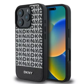 DKNY Apple iPhone 16 Pro PU-nahast korduva mustri ja alumise triibuga MagSafe-ümbris, must