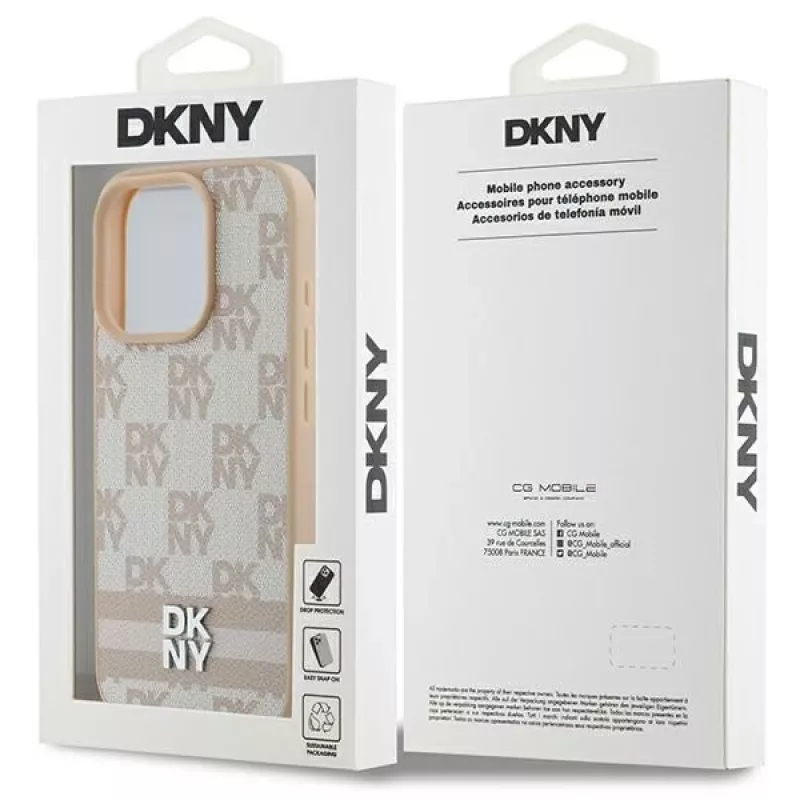 DKNY ruudulise mustri ja trükitud triipudega iPhone 16 Pro ümbris - roosa