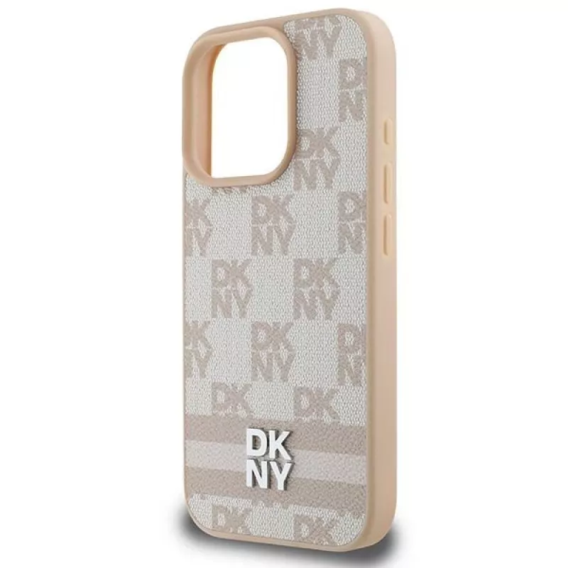 DKNY ruudulise mustri ja trükitud triipudega iPhone 16 Pro ümbris - roosa