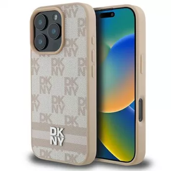 DKNY ruudulise mustri ja trükitud triipudega iPhone 16 Pro ümbris - roosa