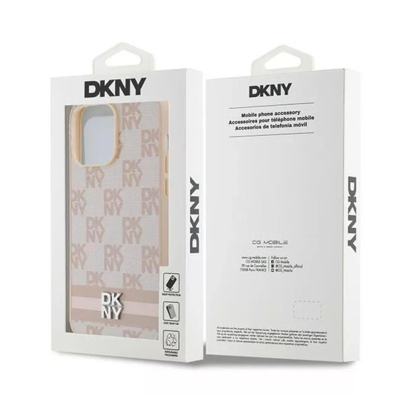 DKNY Nahkkorpus ruudulise mustri ja trükitud triipudega iPhone 14 Pro Maxile - Roosa