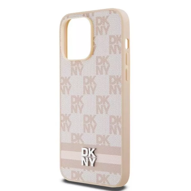 DKNY Nahkkorpus ruudulise mustri ja trükitud triipudega iPhone 14 Pro Maxile - Roosa