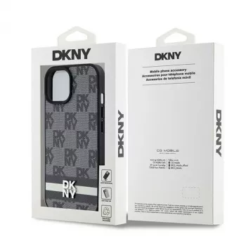 DKNY nahast ruudulise mono-mustri ja trükitud triipudega ümbris iPhone 15/14/13 jaoks - must
