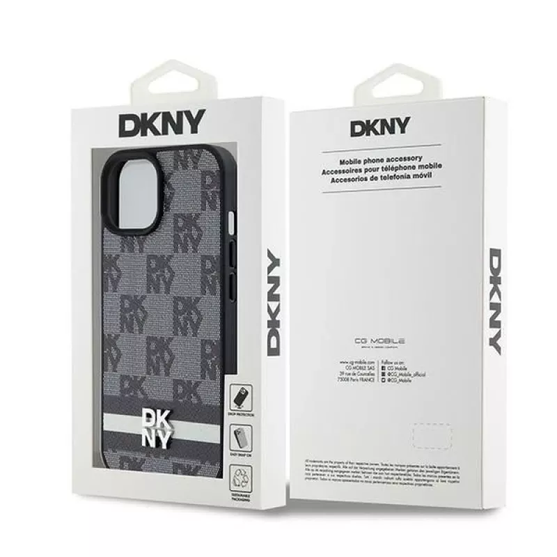 DKNY nahast ruudulise mono-mustri ja trükitud triipudega ümbris iPhone 15/14/13 jaoks - must