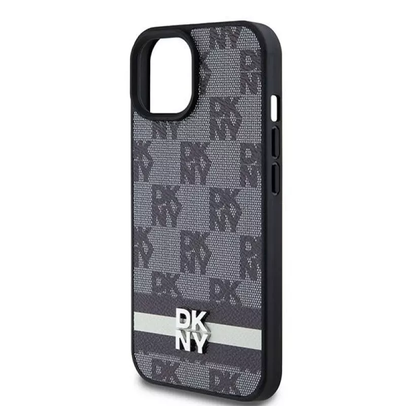 DKNY nahast ruudulise mono-mustri ja trükitud triipudega ümbris iPhone 15/14/13 jaoks - must