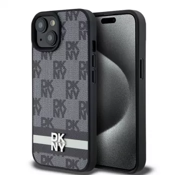 DKNY nahast ruudulise mono-mustri ja trükitud triipudega ümbris iPhone 15/14/13 jaoks - must