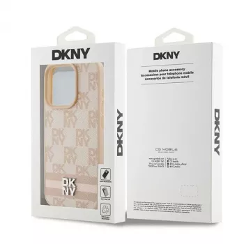 DKNY nahast ruuduline mono muster ja trükitud triibud ümbris iPhone 15 Pro Max jaoks - roosa