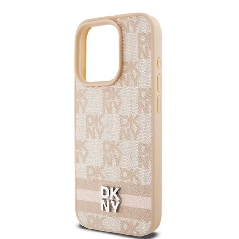 DKNY nahast ruuduline mono muster ja trükitud triibud ümbris iPhone 15 Pro Max jaoks - roosa