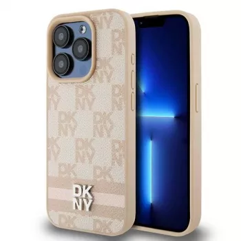 DKNY Leather Checkered Mono Pattern & Printed Stripes Case for iPhone 15 Pro - Roosa