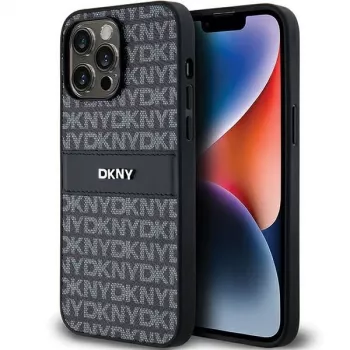 DKNY Leather Mono Stripe & Metal Logo ümbris Apple iPhone 14 Pro jaoks - Must