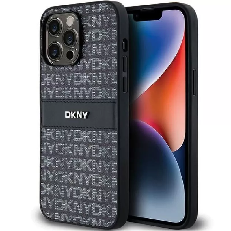 DKNY Leather Mono Stripe & Metal Logo ümbris Apple iPhone 14 Pro jaoks - Must