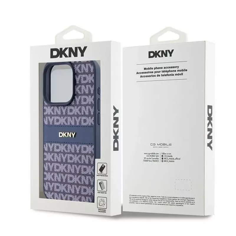 DKNY Leather Mono Stripe & Metal Logo Case for iPhone 15 Pro - Sinine