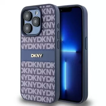 DKNY Leather Mono Stripe & Metal Logo Case for iPhone 15 Pro - Sinine