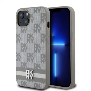 DKNY PU-nahast ruudulise mustri ja triibuga ümbris iPhone 13 jaoks, beež