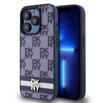 DKNY PU-nahast ruudulise mustri ja triibuga ümbris iPhone 15 Pro jaoks, sinine