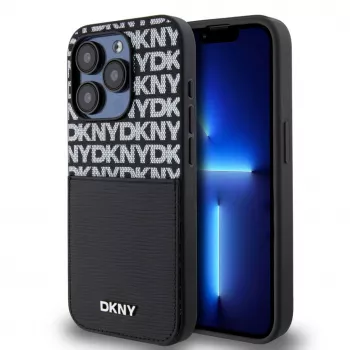 DKNY PU-nahast korduva mustriga kaarditaskuga ümbris iPhone 14 Pro jaoks, must