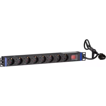 DSIT DS-8PDU-S 19-tolline rack PDU lülitiga, 8x Schuko pistikupesa, 2m kaabel, 16A/3680W – must/hõbedane