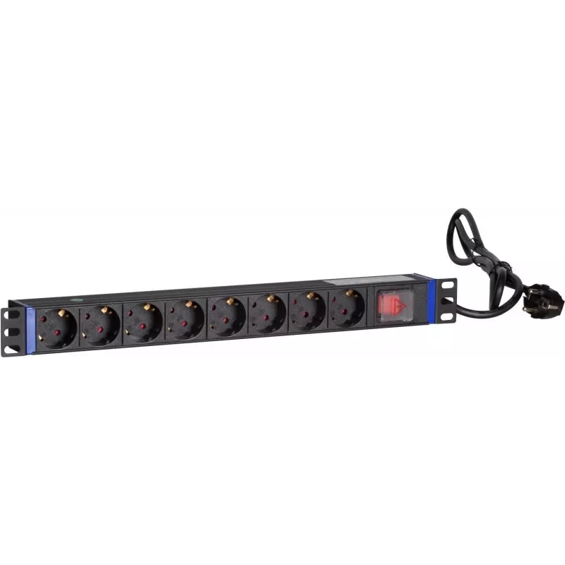 DSIT DS-8PDU-S 19-tolline rack PDU lülitiga, 8x Schuko pistikupesa, 2m kaabel, 16A/3680W – must/hõbedane