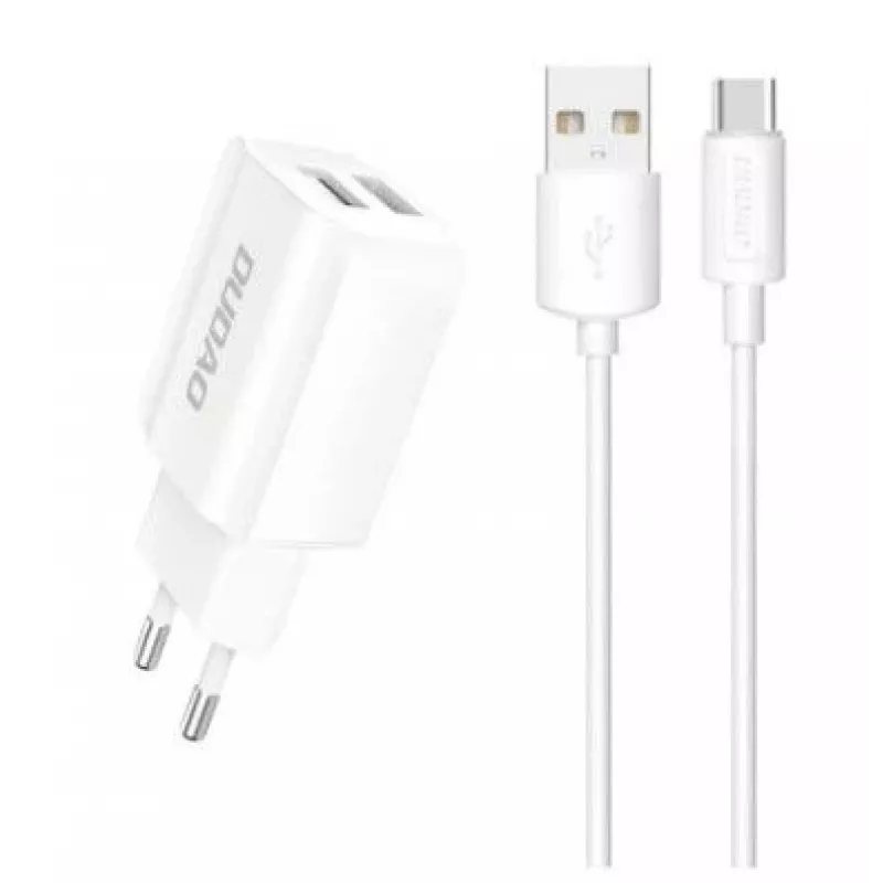 Dudao EU seinadapter 2x USB 5V / 2,4A + USB Type-C kaabel valge (A2EU + Type-C White) Valge