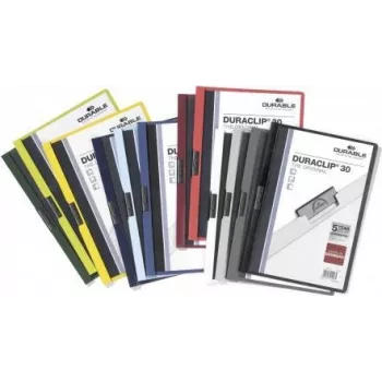 DURABLE DURACLIP 30 A4 PVC klambriga kaust, 30 lehe mahutavus, must/roheline/läbipaistev, 3-pakk 220032