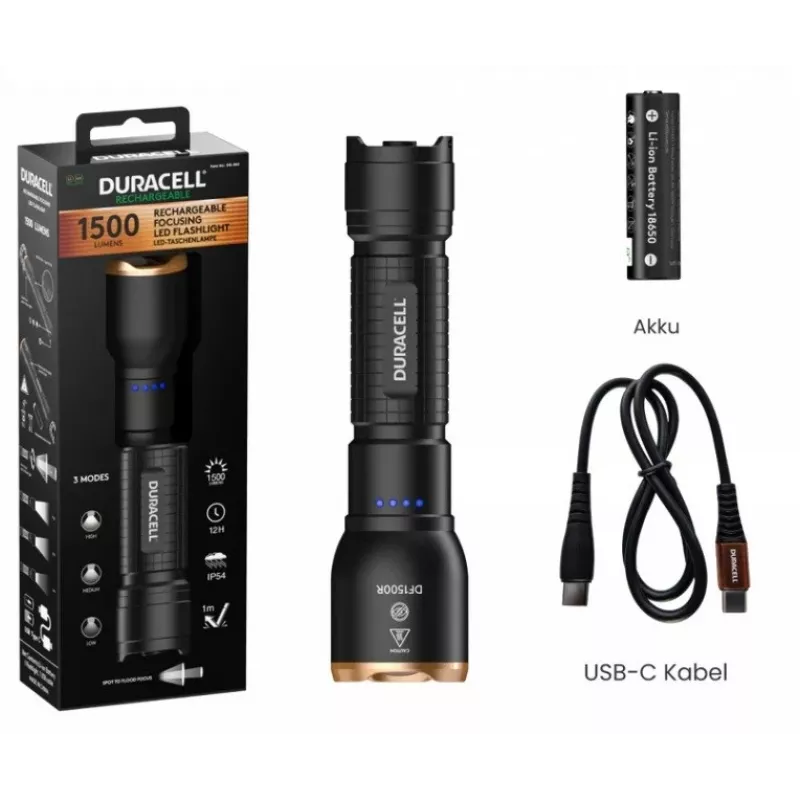 Duracell DF1500R Taskulamp Must 1500 Luumenit