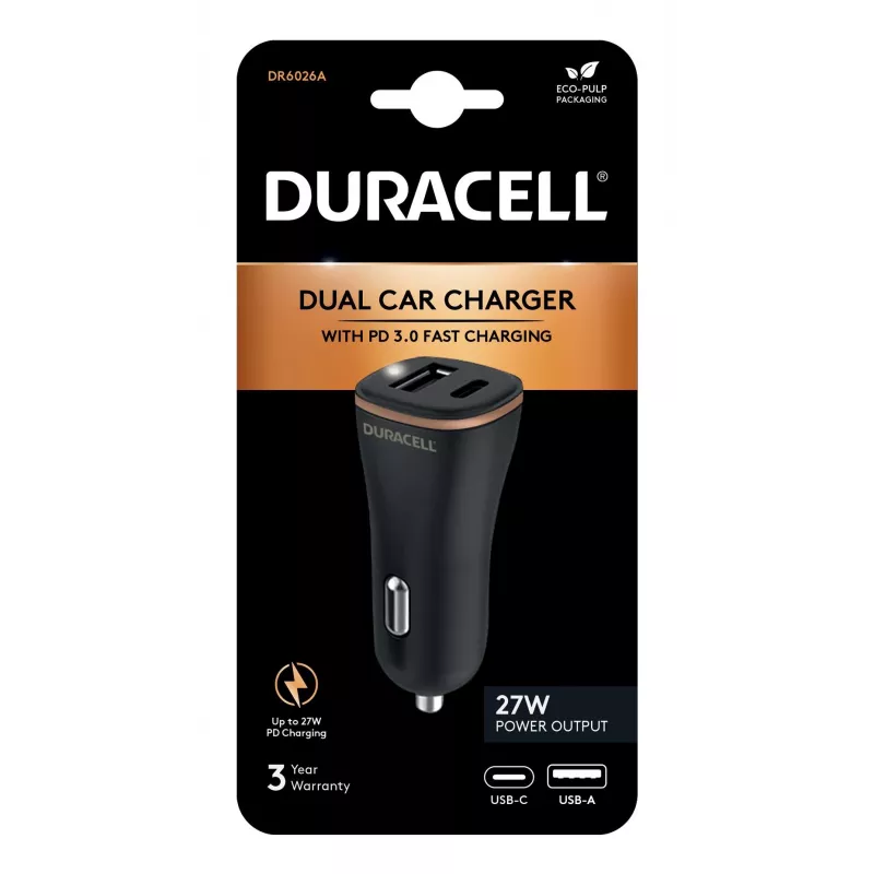 Duracell Power Travel laadija 12V USB-A + USB-C 18W PD autolaadija DR6026A