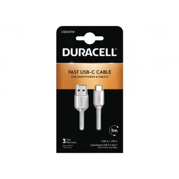 Duracell USB5031W USB-A to USB-C kaabel 1m USB 3.2 Gen 1 5Gbps Valge