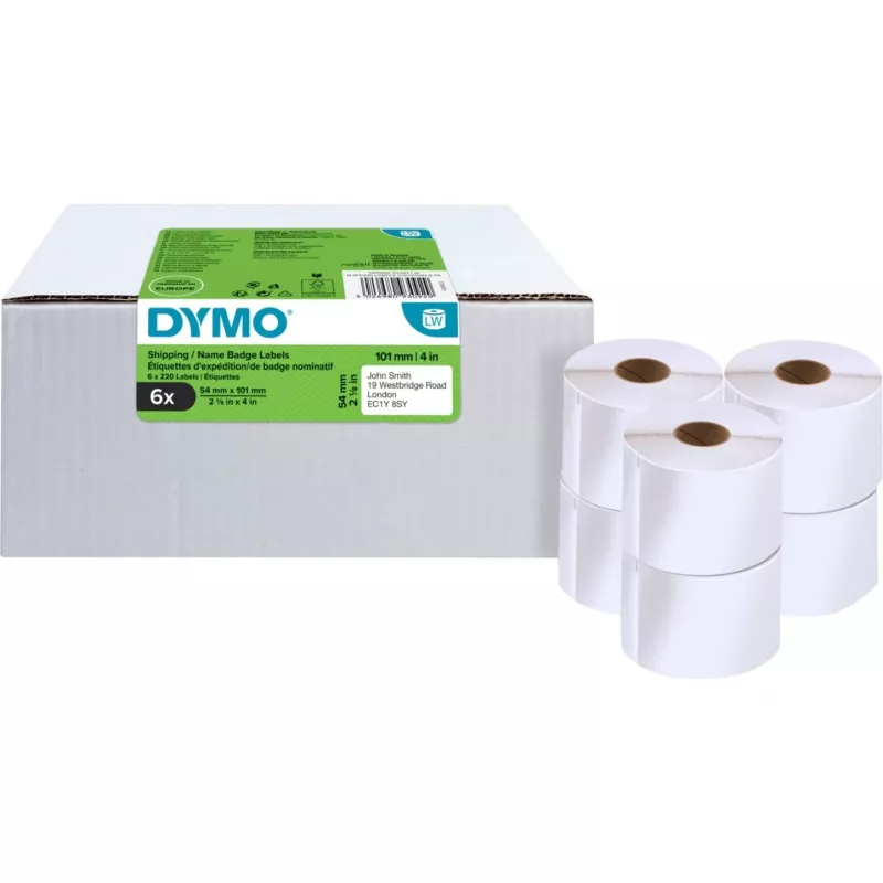 DYMO LabelWriter saatelehtede ja nimesiltide etiketid, 54 x 101 mm, valge, püsiv liim, 220 etiketti rullis