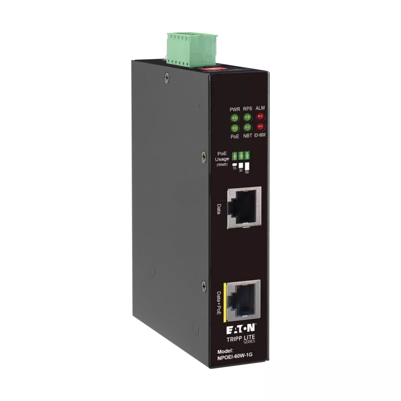 Eaton Tripp Lite Series tööstuslik Gigabit PoE++ injektor, 60W, 802.3bt, Midspan, -40°C kuni 75°C, IP30, kahekordne 24-57VDC, DIN-liip, 1-port, must