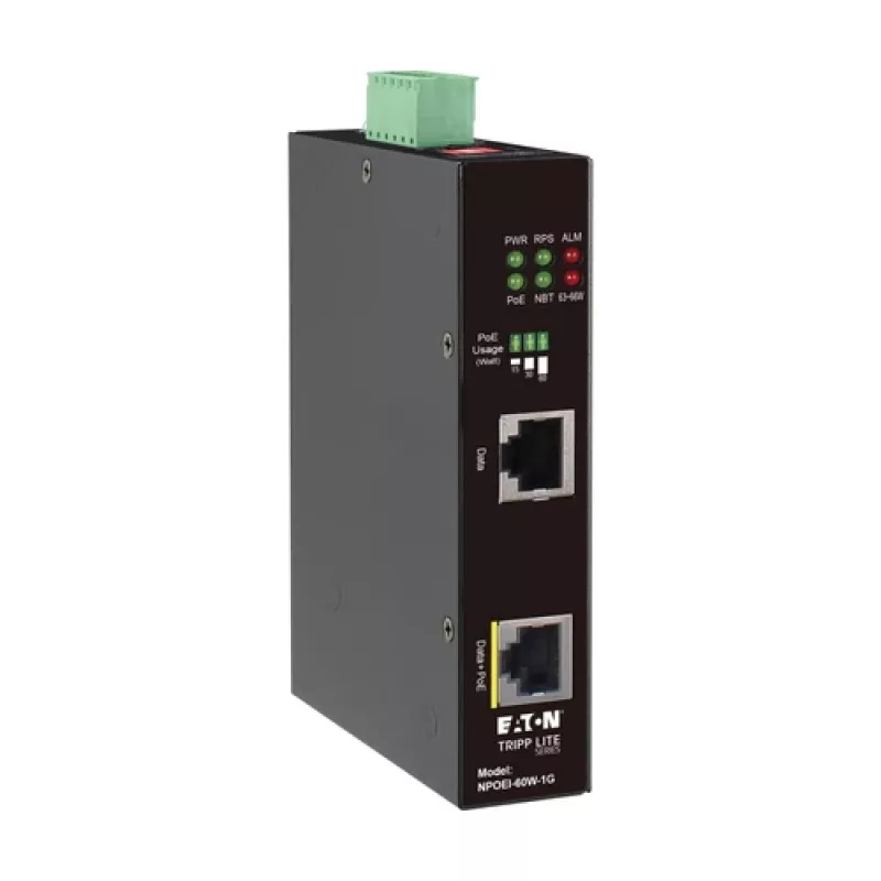 Eaton Tripp Lite Series tööstuslik Gigabit PoE++ injektor, 60W, 802.3bt, Midspan, -40°C kuni 75°C, IP30, kahekordne 24-57VDC, DIN-liip, 1-port, must