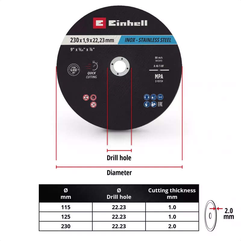 Einhell 230 x 2,0 mm õhukesed lõikekettad nurklihvijatele, 10-pakk 711524