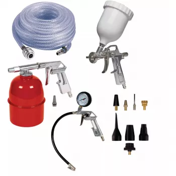 Einhell 4132776 pneumaatiliste tööriistade komplekt, 5-osaline, puhumispüstol, rehvipump, värvipritsepüstol, põhjapritsepüstol ja 4 m spiraalvoolik