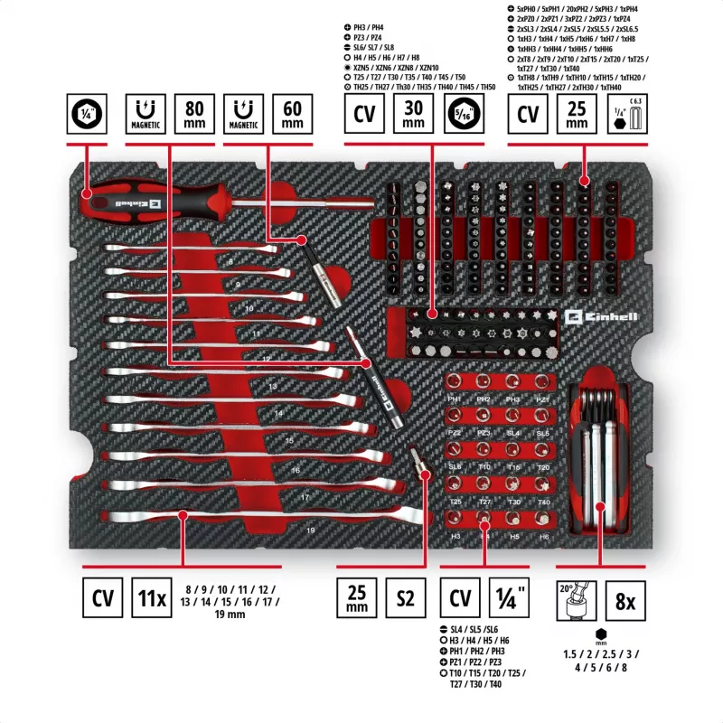 Einhell E-Case 201-osaline mehaaniku tööriistakomplekt (kroomvanaadiumteras, virnastatav) (370513)
