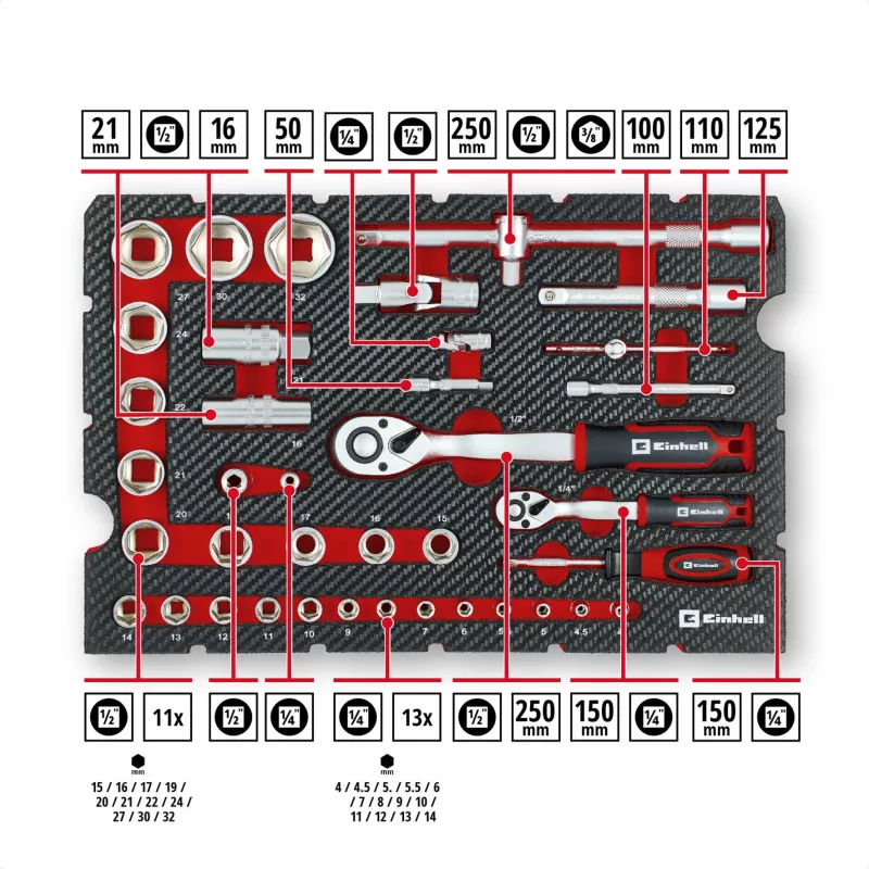 Einhell E-Case 201-osaline mehaaniku tööriistakomplekt (kroomvanaadiumteras, virnastatav) (370513)