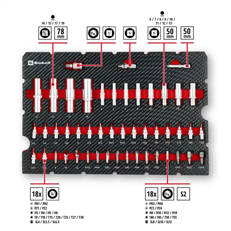 Einhell E-Case 92-osaline tööriistakomplekt (370514) - Kroomvanadiumteras, must/punane