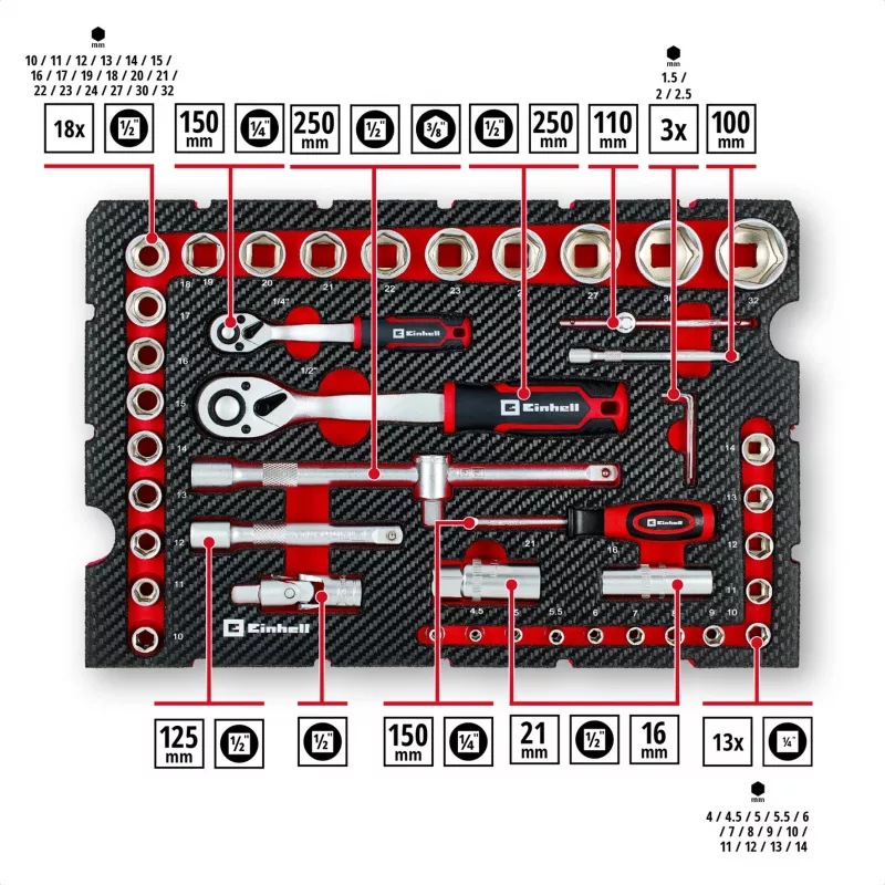 Einhell E-Case 92-osaline tööriistakomplekt (370514) - Kroomvanadiumteras, must/punane