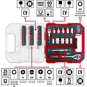 EINHELL-KWB Pesa- ja otsakukomplekt 1/4 tolli 37-osaline L-CASE karbis