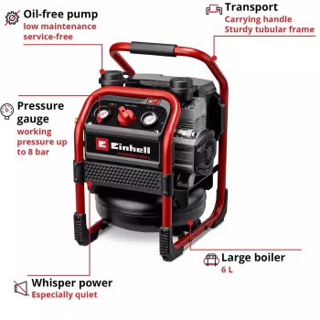 EINHELL Power X-Change Akukompressor SILENZZO 18/160, 18V (Punane/Must, ilma aku ja laadijata)