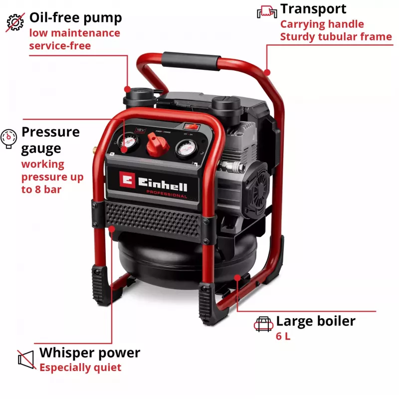 EINHELL Power X-Change Akukompressor SILENZZO 18/160, 18V (Punane/Must, ilma aku ja laadijata)