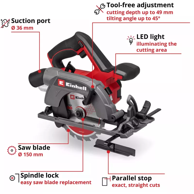 Einhell Power X-Change juhtmeta käsiketassaag TE-CS 18/150-2 Li-Solo, 18V (Punane/Must, ilma aku ja laadijata)