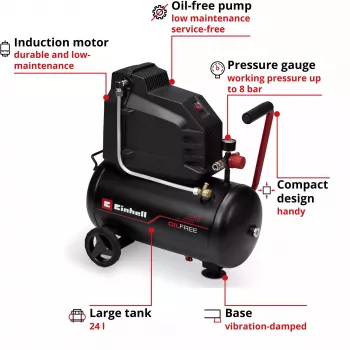 EINHELL TC-AC 190/24/8 I OF Õlivaba kompressor, 1100 W, 24 L paak, 8 bar, must