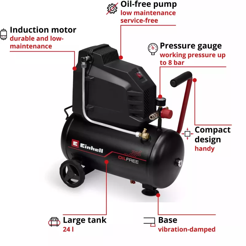 EINHELL TC-AC 190/24/8 I OF Õlivaba kompressor, 1100 W, 24 L paak, 8 bar, must