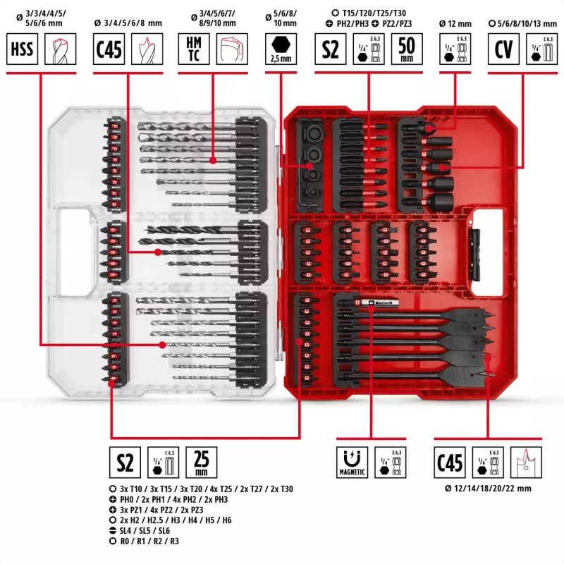 EINHELL XL-CASE Löök- ja puuriterade komplekt, 95-osaline, puuriterade ja otsikute komplekt