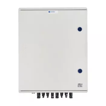 EMITER Switchgear Attached DCAC Hermetic IP66 EMITTER koos DC-piiksurvetõrjega Dehn 1000V Type 2, 6 x PV String, 6 x MPPT // AC Dehn Type 2, 100A 3-Phase, FR 100A, Phase Signaling + Socket
