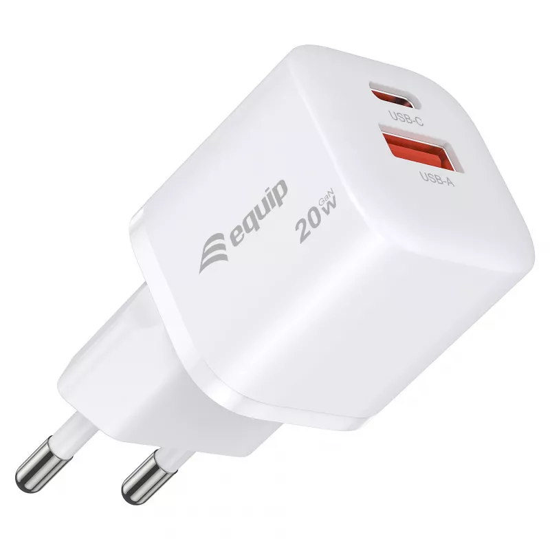 Equip 2-pordine USB-C PD3.0/USB-A GaN seinilaadija 20W valge