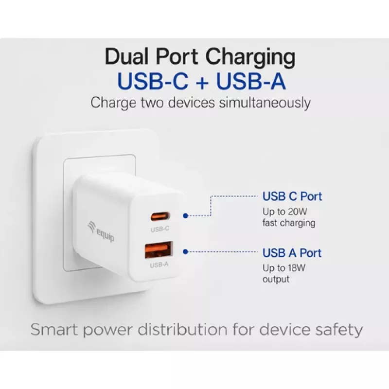 Equip 2-pordine USB-C PD3.0/USB-A GaN seinilaadija 20W valge